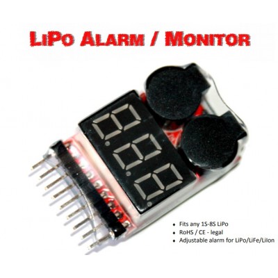 ELECTRONIC MONITOR AND ALARM FOR LiPo/LiFe/LiIon 1S-8S BATTERY  